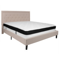 Flash Furniture SL-BMF-20-GG Roxbury King Size Tufted Upholstered Platform Bed in Beige Fabric with Memory Foam Mattress